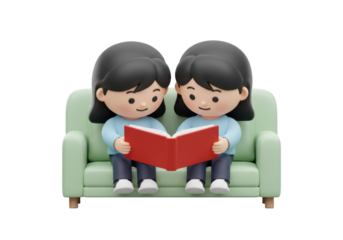 Isolated two cartoon children sit on a couch and share a red book, storytime render