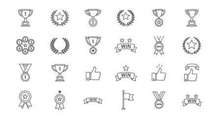 Fototapeta premium Victory Icons Set Trophies Stars Ribbons Thumbs Up and Win Symbols for Success Achievement