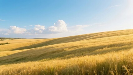 Fototapeta premium Golden wheat fields stretch across rolling hills under a clear blue sky with scattered clouds.