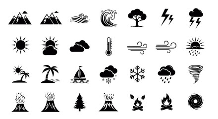 Obraz premium Weather Icons Set Sun Rain Snow Storm Mountain Palm Tree Thermometer and More Elements
