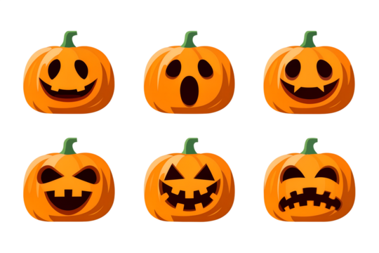 Halloween monster jack lantern orange pumpkin carved glowing scary face set on white background. Holiday cartoon character collection for celebration design. Vector spooky illustration