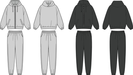 Streetwear tracksuit fashion mockup, oversized hoodie and joggers set, casual loungewear template, blank front and back view, customizable vector for apparel design.