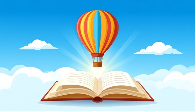 Open book with hot air balloon in a vibrant sky