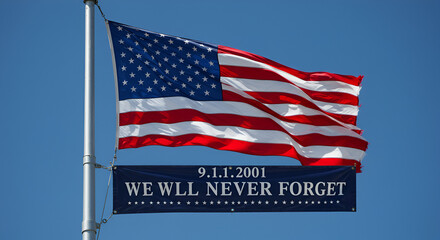 Naklejka premium American flag waving with a banner commemorating the September 11 attacks