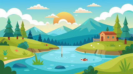 Obraz premium A hidden gem in the rural countryside this small but beautiful lake is home to a variety of fish and boasts stunning views of the surrounding landscape. Its the perfect spot for a