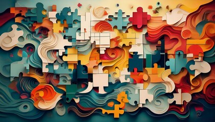 abstract composition of paper puzzles in mismatched shapes modern mismatched