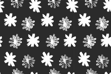Cute seamless vector pattern featuring handdrawn white flowers, graffiti asterisks, and Xmas crystal vibes. Crayon, wax, chalk, and charcoal squiggles form a stylish grunge template for music or art.