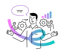 Set of illustrations people are holding a workshop. Workflow, growth, graphics. Business development, milestones, start-up. linear illustration Icons infographics. Landing page site print poster. Line