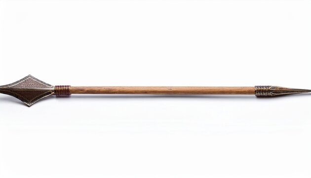 long wooden greek dory spear with a pointed iron head isolated on white background