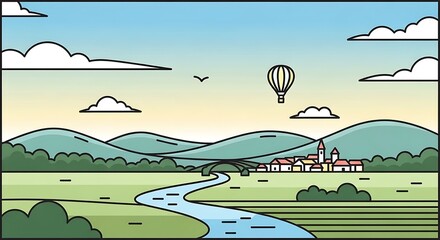 Serene Landscape with Hot Air Balloon and River.