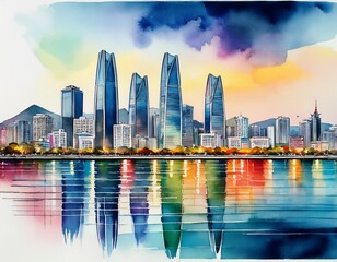 watercolor painting of busan skyline with waterfront reflection