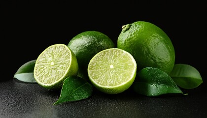 fresh limes with green leaves on black background