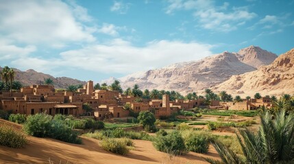 Fototapeta premium Oasis village nestled in a mountain valley.