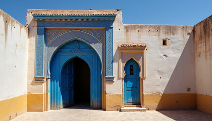 Naklejka premium Vintage Blue Door Entrance on Rustic Urban Building Facade