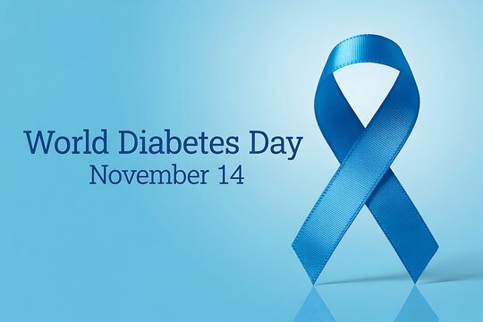World diabetes day november 14 blue ribbon awareness symbol on a light blue background
