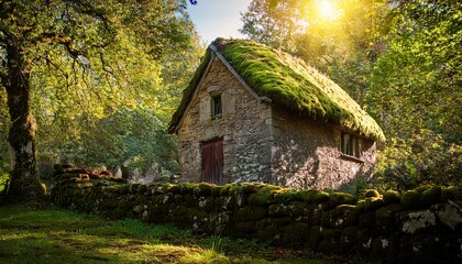 weathered stone cottage with moss roof among fruit trees in sunlit forest
