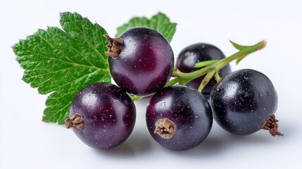 Closeup of fresh blackcurrants with green leaves isolated on white background, showcasing their natural beauty