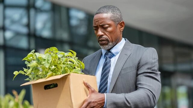 Job Loss and Reflection: A contemplative man walks dejectedly out of a modern office building, clutching a cardboard box filled with his belongings and a houseplant.