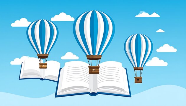 Open book with hot air balloons in a blue sky