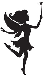 A black vector silhouette of a dancing fairy with wings