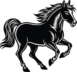 Obraz premium Horse Silhouette Vector Illustration Black and White Running Stallion Outline Elegant Wild Mustang Tribal Tattoo Logo Powerful Galloping Horse Artwork Vintage Riding Design
