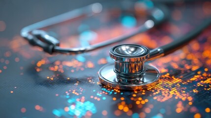 Ultra quality image of stethoscope rests elegantly on a vibrant digital health data background, symbolizing the fusion of medicine and technology for patient care.