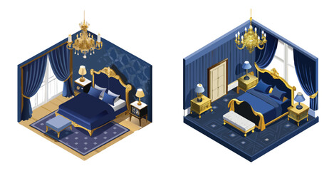 Obraz premium Opulent navy and gold luxury bedroom interior elegant furnishings and rich textures Vector art design illustration