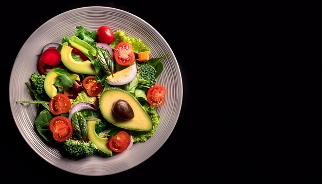 a plate of healthy mixed salad with vegetables and fruits avocado tomatoes and gabbage
