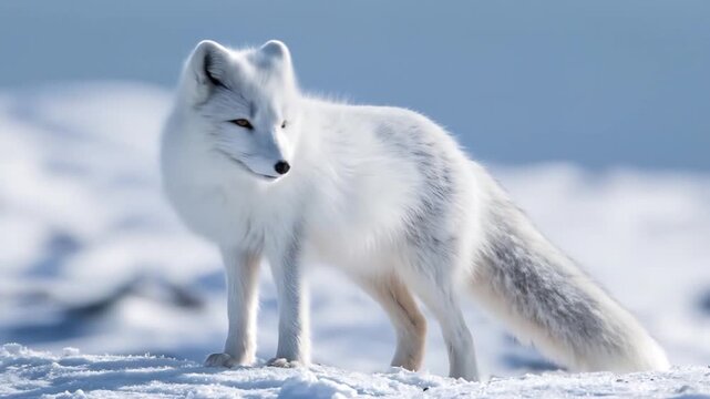 Majestic Arctic Fox with White Winter Fur Stands Alert in a Snowy Landscape, Turning Its Head to Survey the Tundra