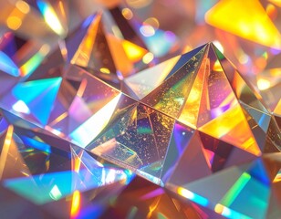 Close-up of a faceted crystal or diamond reflecting vibrant, iridescent light and colors.