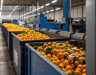 Citrus fruits in large bins at a processing facility