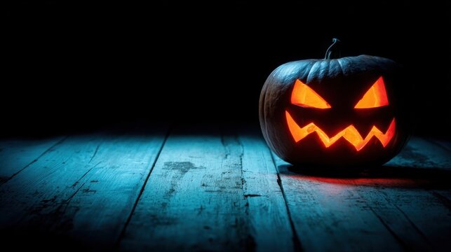 A carved jack-o'-lantern with a spooky face sits on an old weathered wooden surface,