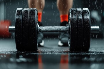 A close-up of a heavy dumbbell on a wet floor, with a blurred figure in athletic gear standing nearby, emphasizing strength and fitness.