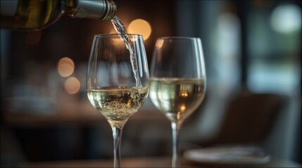 Two wine glasses on a dining table at evening, one being filled with white wine from a bottle,