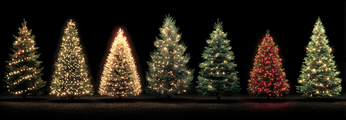 Christmas trees with lights in different positions isolated on transparent background