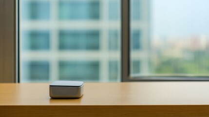 A compact electronic device rests on a wooden desk near a large window showcasing a serene cityscape with tall buildings