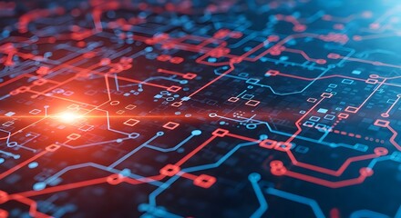 Futuristic Abstract Digital Background with Glowing Red and Blue Circuit Lines