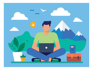 Fototapeta premium Man working on laptop outdoors with mountain view and nature elements illustration