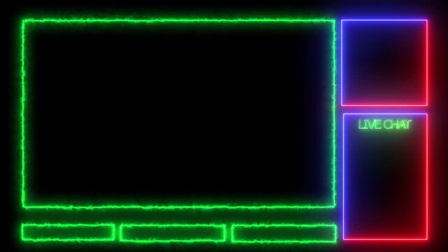 perfect for adding a modern touch to live broadcasts. vibrant and dynamic streaming overlay featuring a green neon frame for the main screen, complemented by blue and red neon panels on the side, 