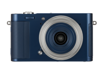Isolated, contemporary blue camera with silver lens ring ready for social sharing