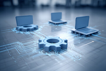 Digital network automation concept with laptops connected by blue circuits around gear symbol representing technology integration and cloud computing
