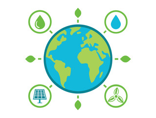 Earth globe with renewable energy sources icons promoting environmental conservation