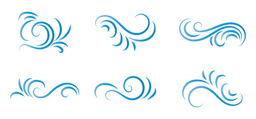 Wind icon set, wind blow line icon. Blowing wind outline icons. Windy weather symbol. Doodle line wind moving set. Breath of the typhoon.