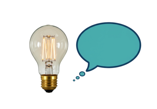 Isolated Edison bulb idea concept with talk bubble for thinking or brainstorming message