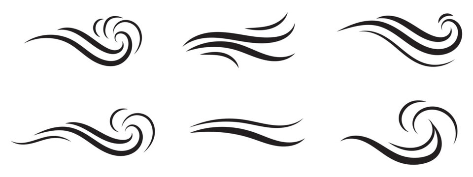 Black waves and splashes of water set. Swirls, curves and flow of liquid clip art. Silhouette of water flows, vector elements on a white background.