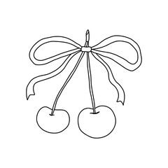 Cherry with bow ribbon doodle in whimsical coquette style, black on white. Playful, elegant hand-drawn illustration perfect for invitations, and crafts. Romantic and feminine vector illustration