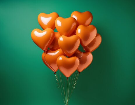 falling orange heart shaped balloons isolated on green background
