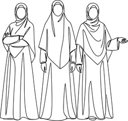 Modest fashion vector illustration of women in hijab and abaya, black and white line art, cultural clothing design set