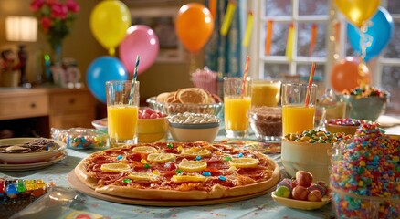 Fototapeta premium a pizza party table with candy and lemon slices on top, surrounded by colorful decorations like balloons and birthday cards.