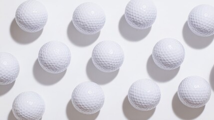 Multiple white golf balls arranged in an orderly pattern against a plain background,